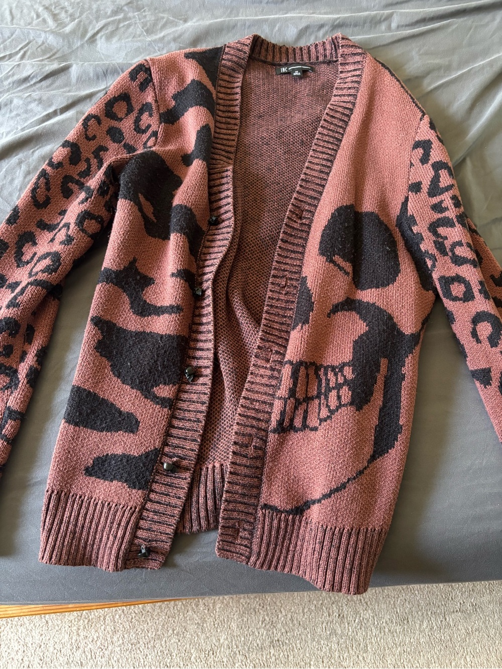 INC international Women's brown and Black leopard Skull Cardigan